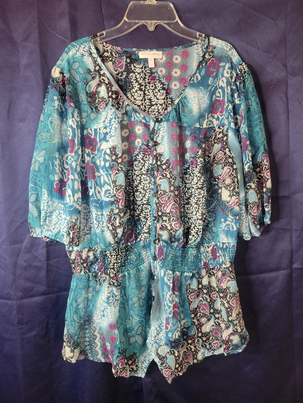 Teal Floral Peasant Style Blouse with Pink Accents, Cottagecore Style